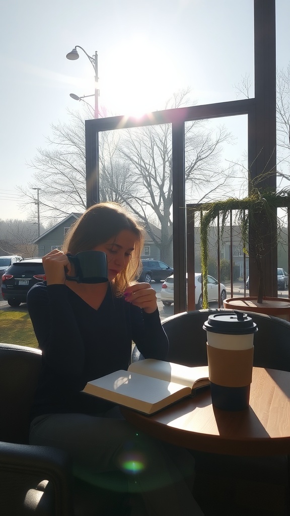 A person enjoying a peaceful morning in a cafe, sipping coffee and looking at an open notebook with sunlight streaming through the windows.