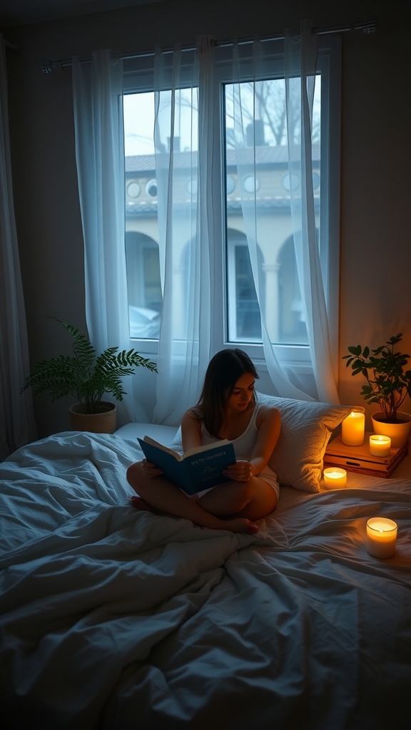 A woman reading a book in a cozy bedroom with candles and plants, creating a relaxing nighttime atmosphere.