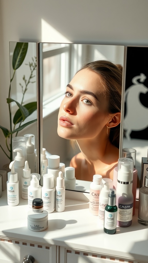 A close-up of a skincare routine featuring various products on a vanity with a mirror and soft sunlight.