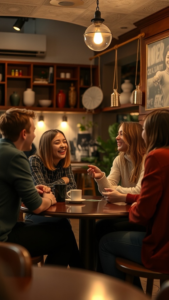 A group of friends laughing and chatting in a cozy café setting.