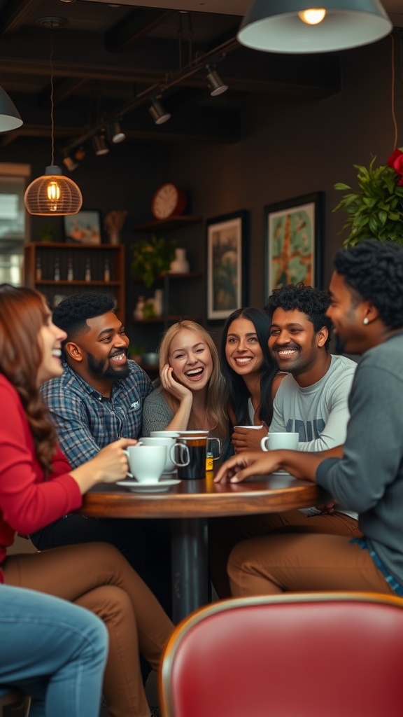 A group of friends laughing and enjoying coffee together at a table in a cozy setting.