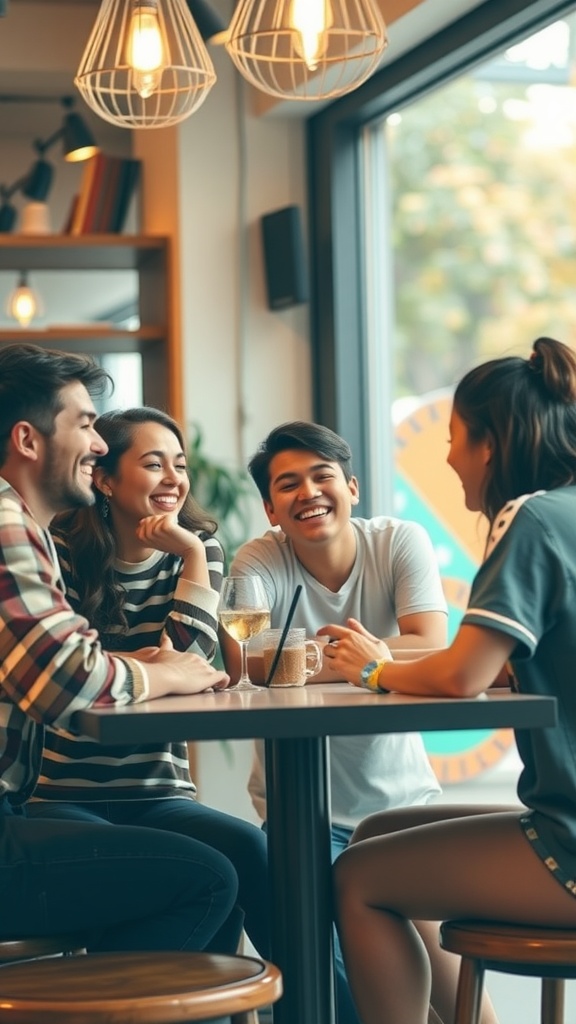 Four friends enjoying a lively conversation at a café, laughing and sharing drinks.