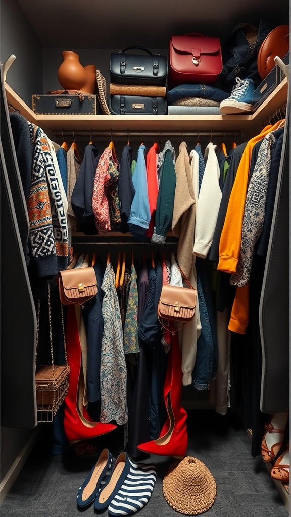 A well-organized closet featuring a mix of colorful clothes, handbags, and shoes.
