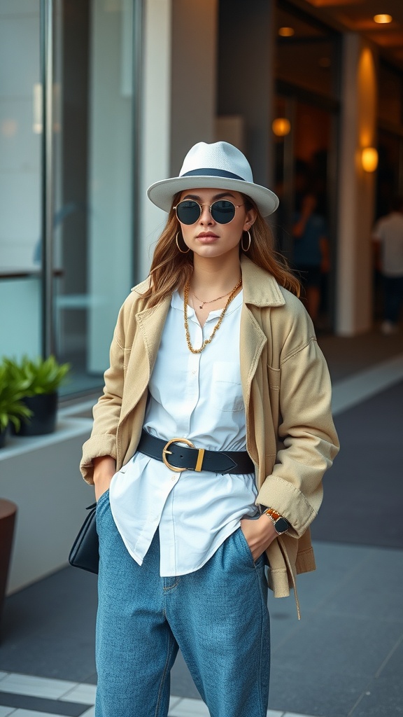 A confident person in a stylish outfit, featuring a hat and sunglasses, standing outdoors.