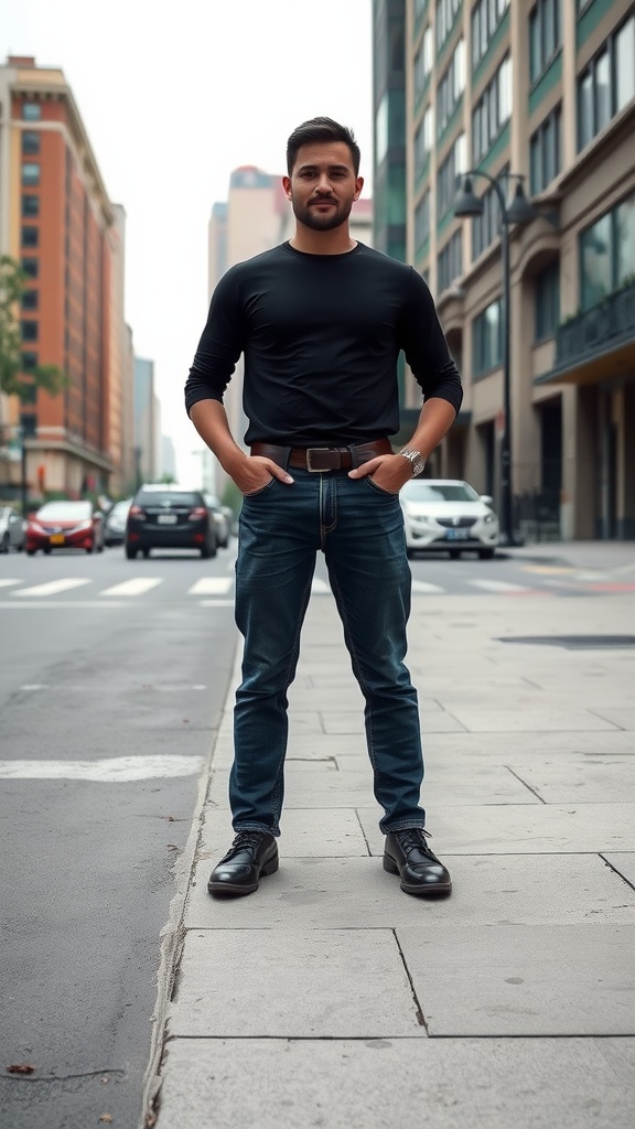 A confident man standing in the street with hands on hips