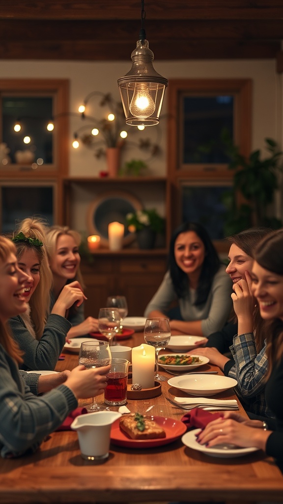 A cozy dinner gathering with friends enjoying food and conversation around a wooden table.