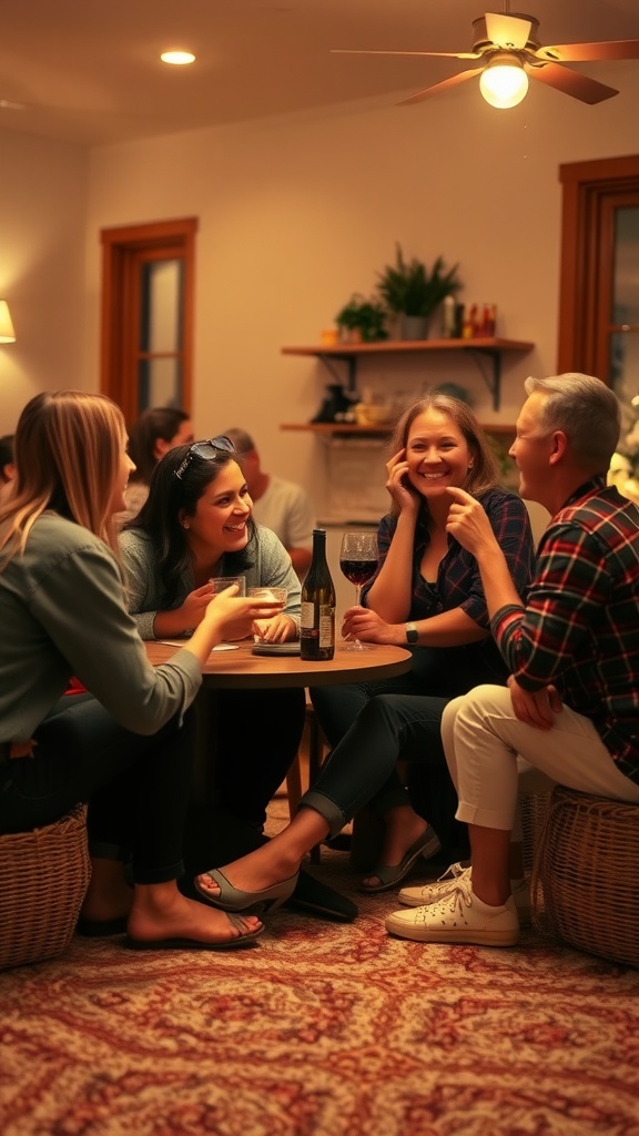 A group of friends smiling and chatting around a table in a cozy setting.
