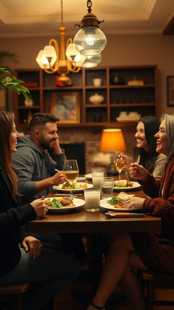 A warm dinner gathering with friends enjoying a meal together.