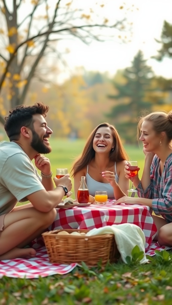 Three friends enjoying a picnic in a park, laughing and sharing drinks on a sunny day.