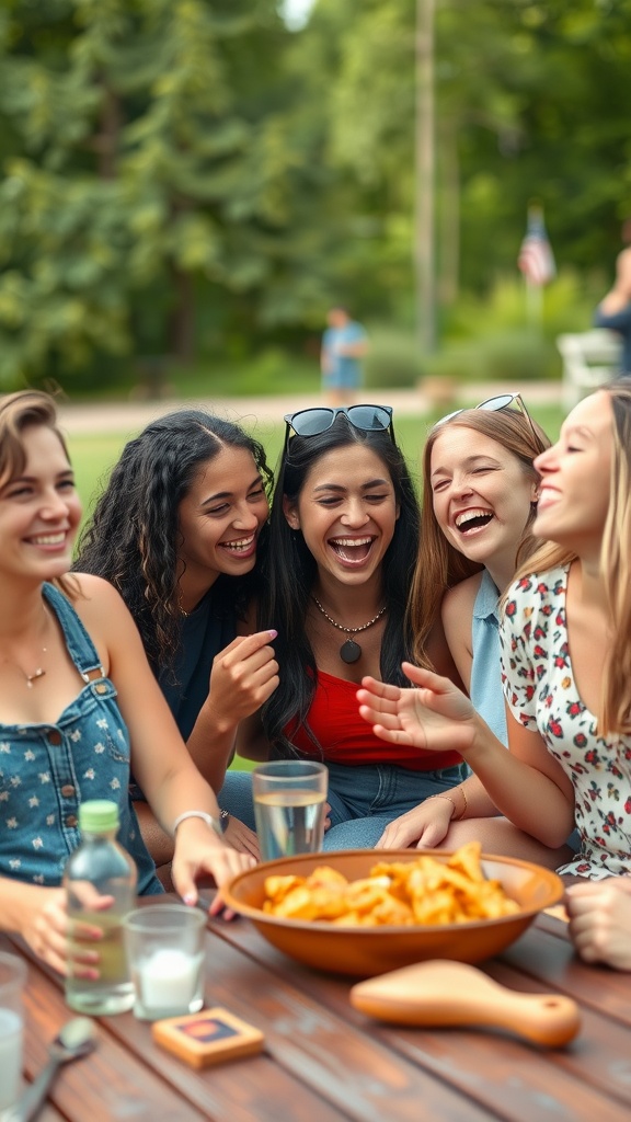 A group of five friends laughing and enjoying snacks together at a table outdoors.