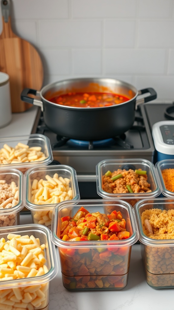 A pot of vegetable stew on the stove with organized containers of ingredients for meal prep.