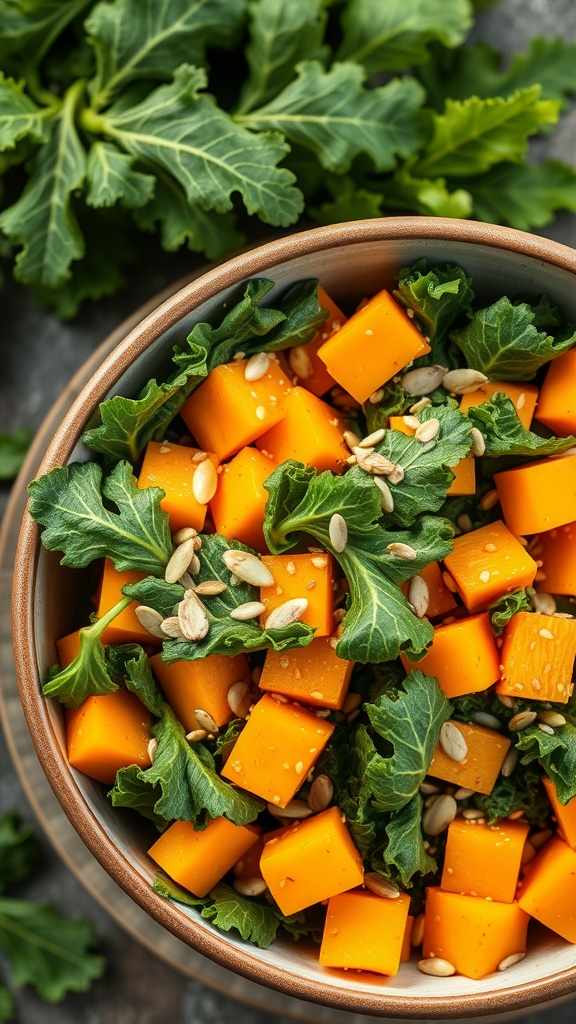 A vibrant bowl of butternut squash and kale salad with pumpkin seeds.