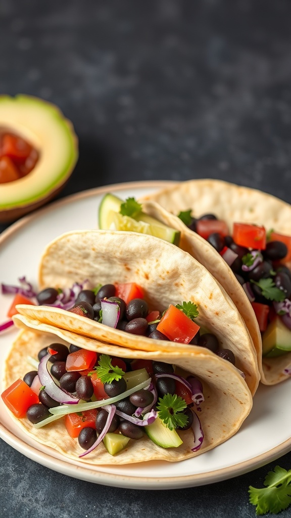 Three cabbage and black bean tacos filled with fresh vegetables and garnished with cilantro.