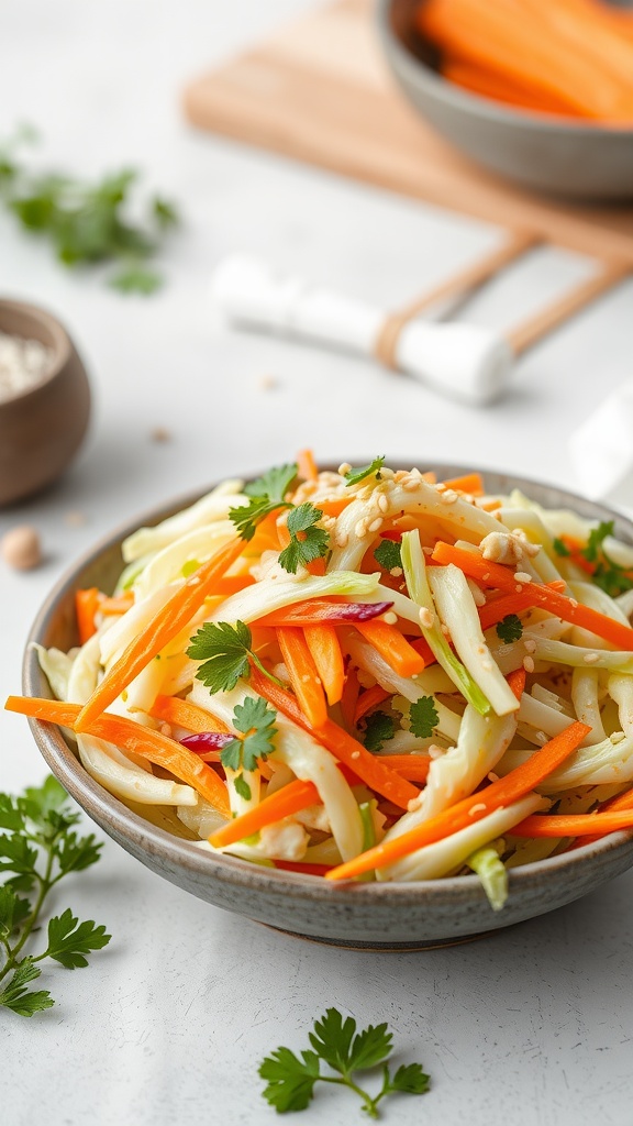 A bowl of colorful cabbage and carrot slaw garnished with fresh herbs.