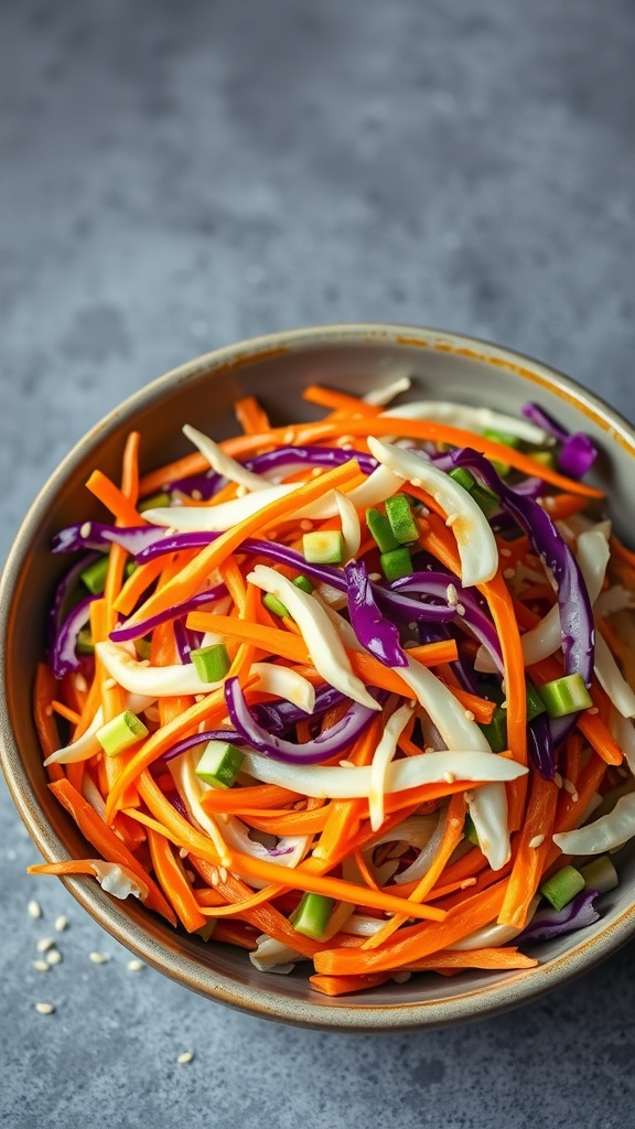Bowl of colorful cabbage and carrot slaw garnished with sesame seeds