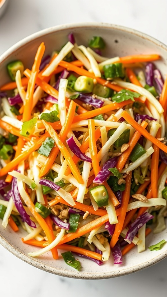 A bowl of colorful cabbage and carrot slaw with apple cider dressing
