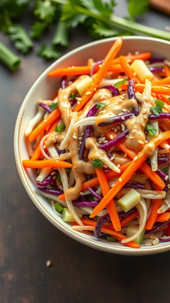 A vibrant bowl of cabbage and carrot slaw topped with creamy peanut dressing and garnished with sesame seeds.