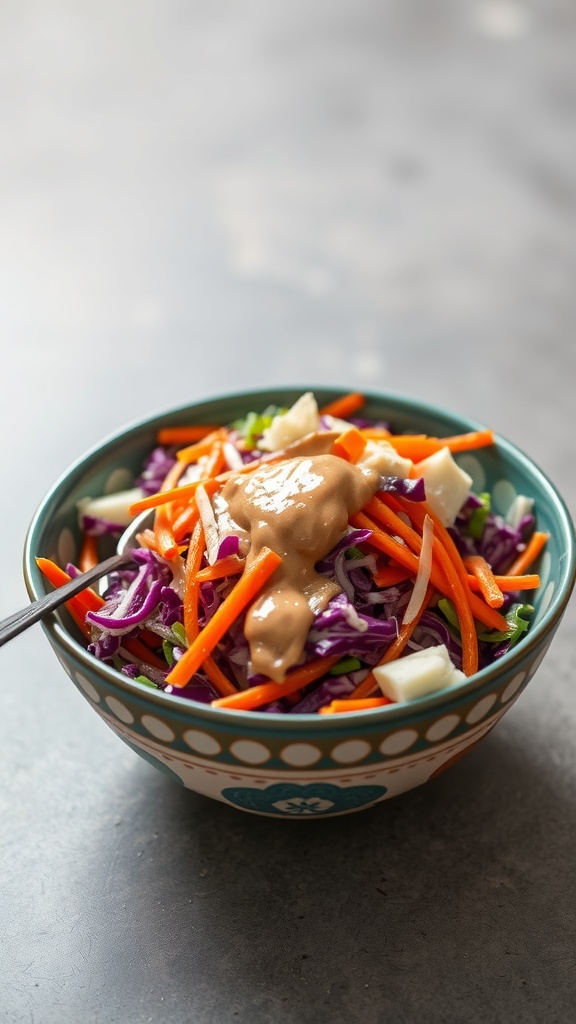 A bowl of colorful cabbage and carrot slaw topped with peanut dressing.
