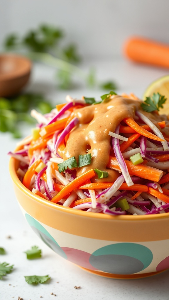 A colorful bowl of cabbage and carrot slaw topped with peanut dressing, garnished with cilantro.