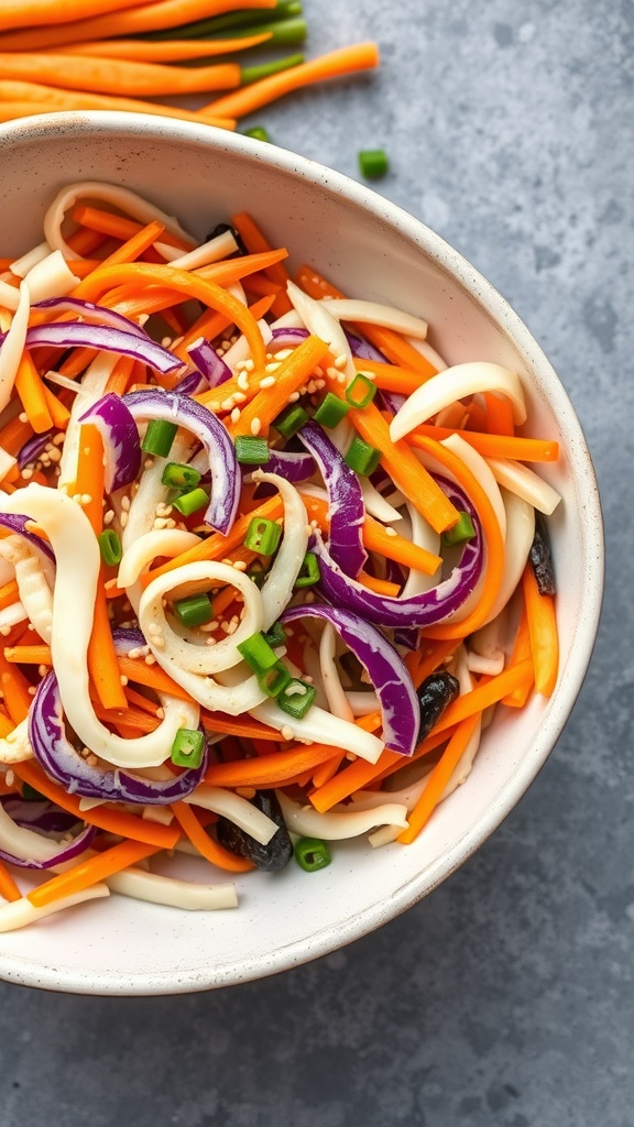 A colorful bowl of cabbage and carrot slaw with sesame dressing, featuring purple cabbage, orange carrots, and green onions.