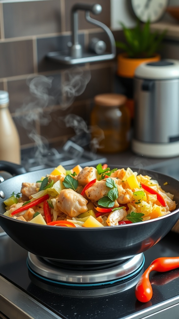 A colorful cabbage and chicken stir-fry in a black wok, with steam rising and fresh vegetables visible.