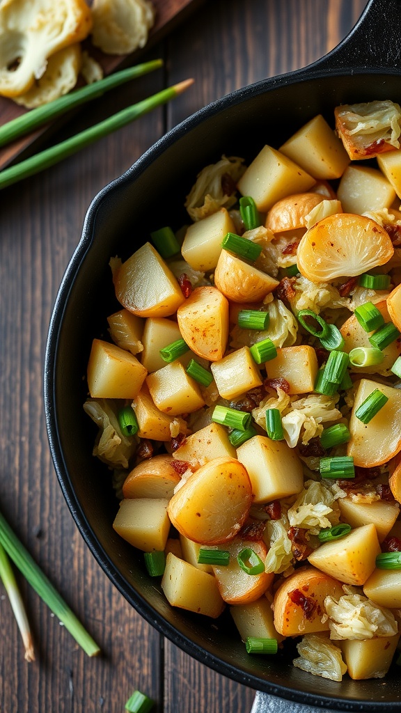 A delicious serving of cabbage and potato hash in a skillet, garnished with green onions.