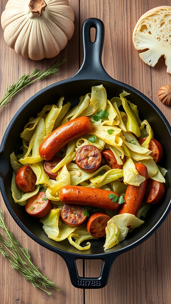 A delicious one-pan meal featuring cabbage and sausages.