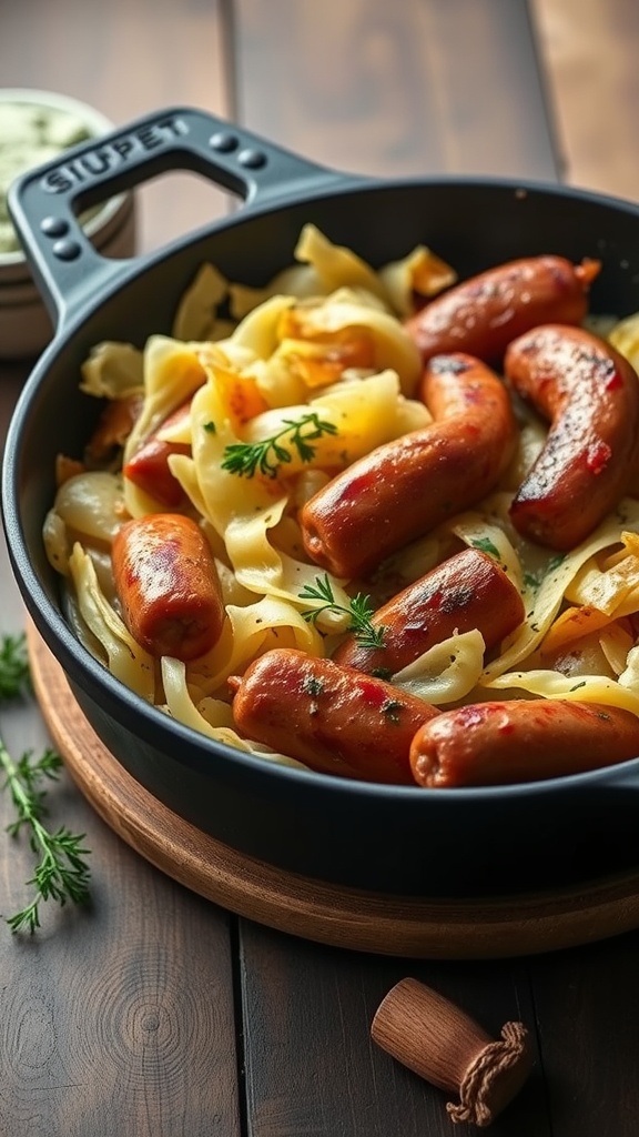 A skillet filled with sausage and cabbage, showcasing a hearty meal.