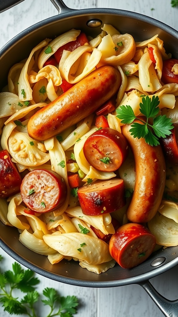 A skillet filled with sliced sausage and cabbage, garnished with fresh parsley