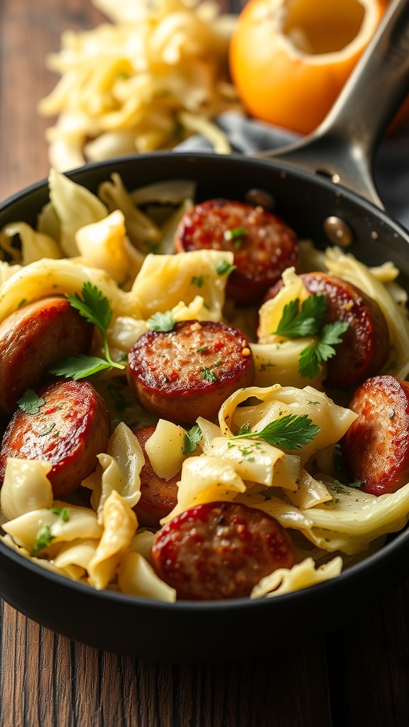 A skillet dish featuring cooked sausage and sautéed cabbage.