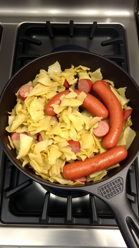 A skillet with cooked cabbage and sausages.