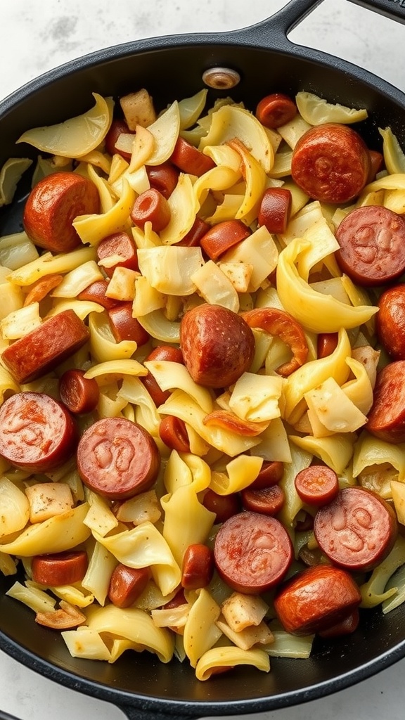 A skillet filled with cabbage, sausage, and egg noodles, showcasing a colorful and hearty meal.