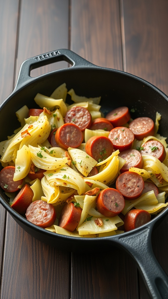 A skillet filled with cabbage and sliced sausage, showcasing a colorful and hearty meal.