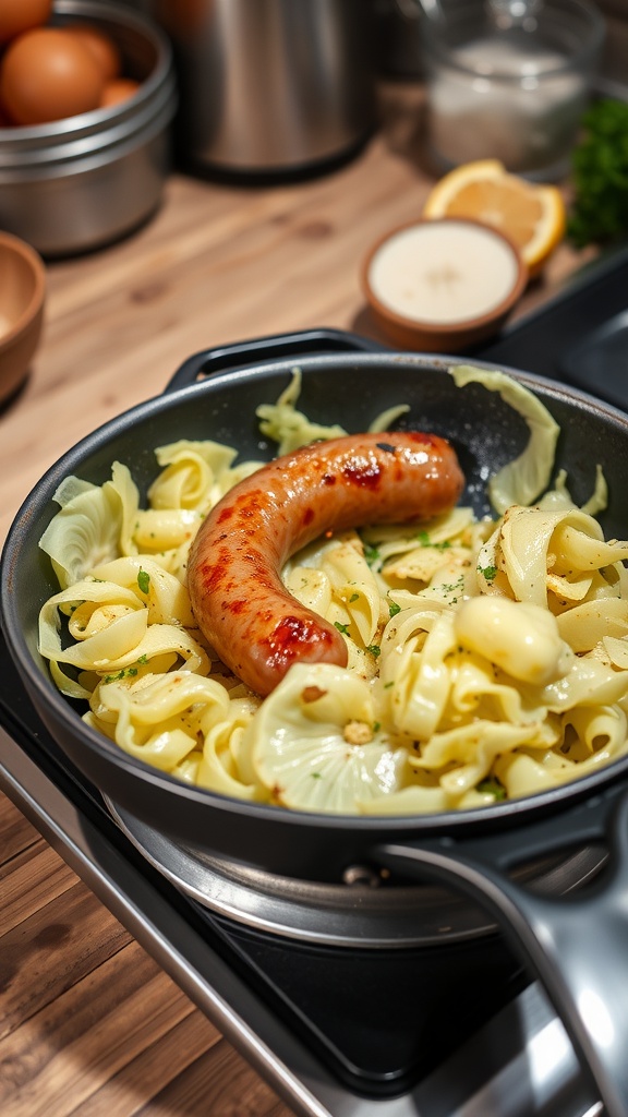 A skillet with cabbage, sausage, and egg noodles, showcasing a budget-friendly dinner option.