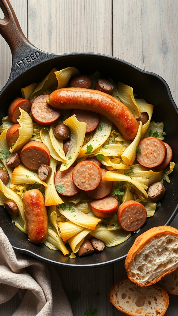 A skillet filled with cabbage, sausage, and pasta, garnished with parsley and served with crusty bread.