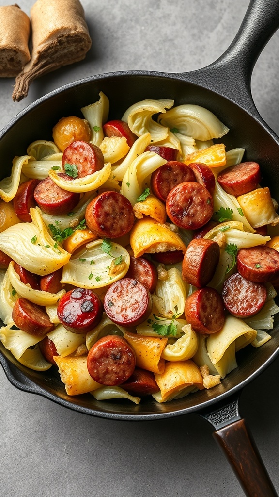 A skillet filled with cabbage, sausage, and colorful vegetables.
