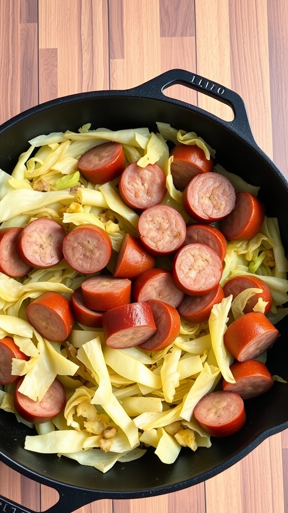 Cabbage and sausage skillet dish with vibrant colors in a cast iron pan