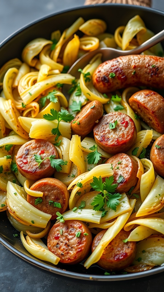 A skillet filled with cabbage, sausage, and pasta garnished with fresh herbs.