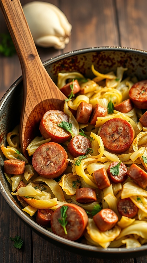 Cabbage and sausage skillet dish on a wooden table with a spoon