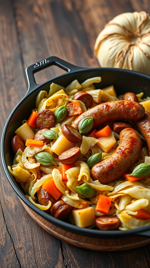 A delicious Cabbage and Sausage Skillet with colorful vegetables.