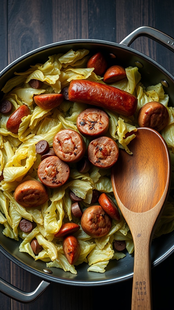 A skillet with cooked cabbage and sausage, showcasing a hearty meal.