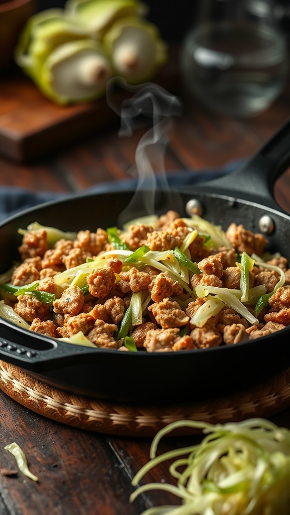 A healthy dish of Cabbage and Turkey Stir-Fry with vegetables on a skillet.