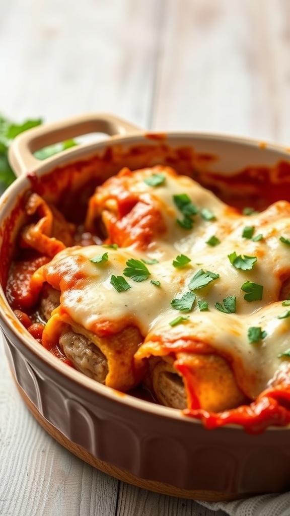 A delicious cabbage roll casserole topped with melted cheese and parsley.