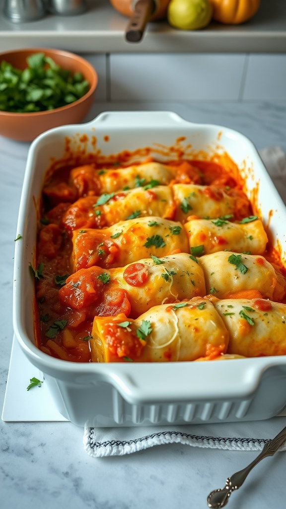 A delicious Cabbage Roll Casserole with tomato sauce and fresh herbs on top.