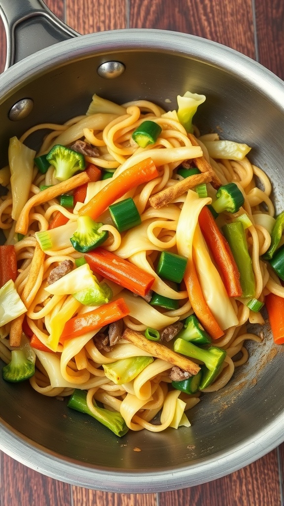 A pot of colorful cabbage stir-fry with noodles and vegetables.