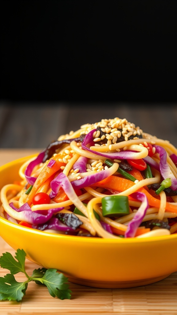 A vibrant bowl of cabbage stir-fry with noodles, garnished with sesame seeds and fresh vegetables.