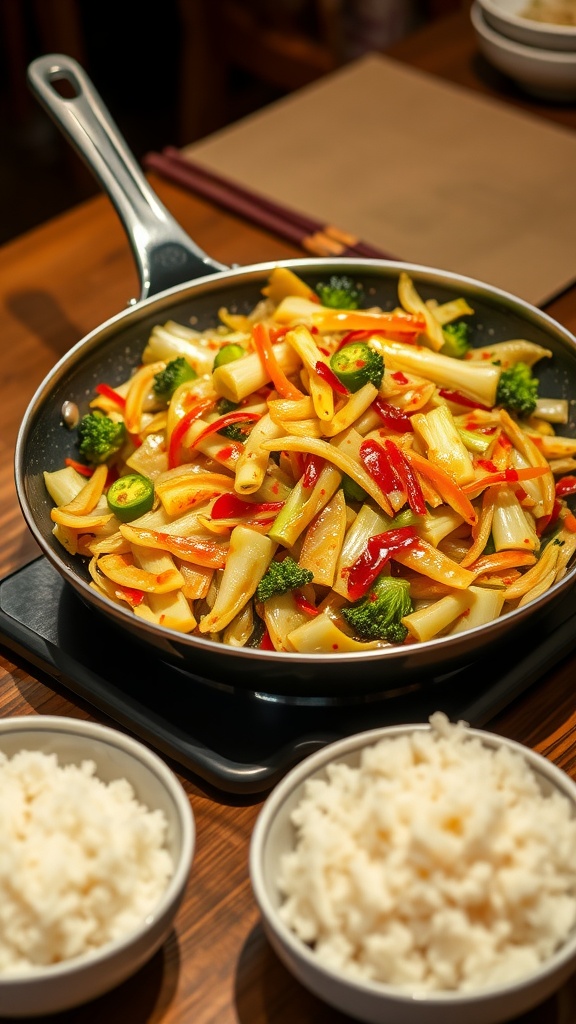A colorful stir-fry featuring cabbage, bell peppers, and broccoli in a pan, served with rice.