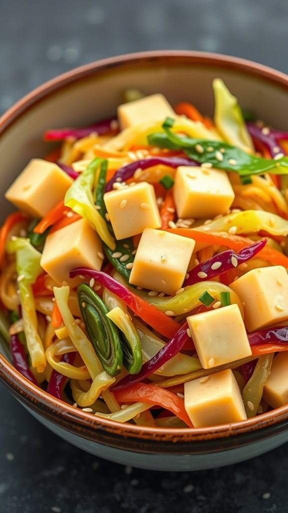 A bowl of cabbage stir-fry with tofu, colorful vegetables, and garnished with sesame seeds.