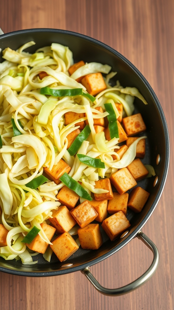 A pan filled with sliced cabbage, green bell peppers, and cubed tofu, ready to be stir-fried.