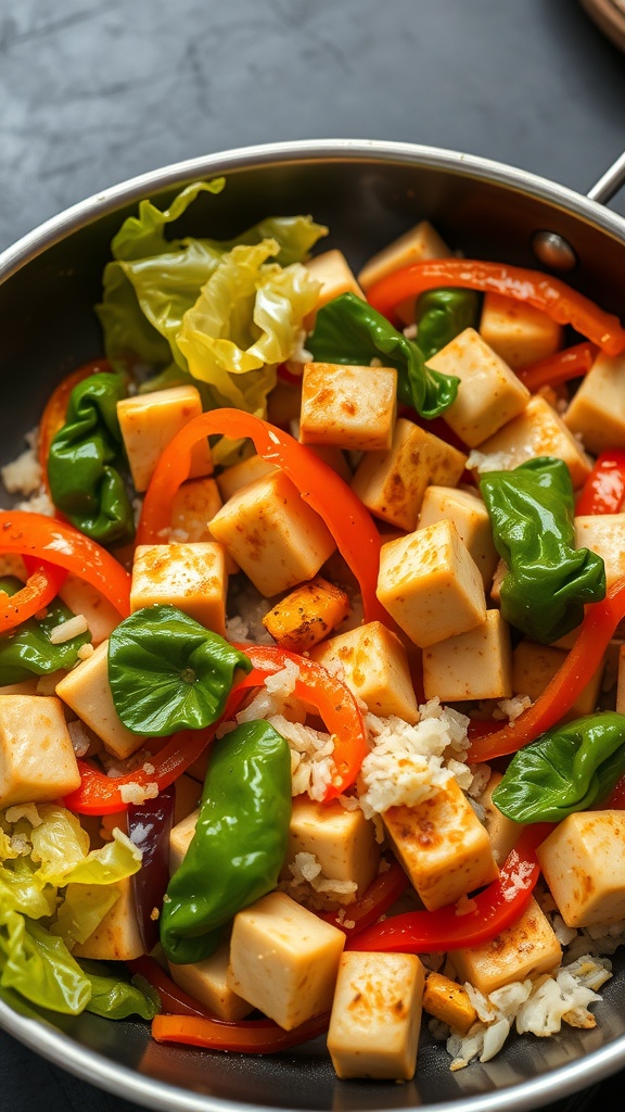 A colorful cabbage stir-fry with tofu, featuring red and green bell peppers and leafy greens.
